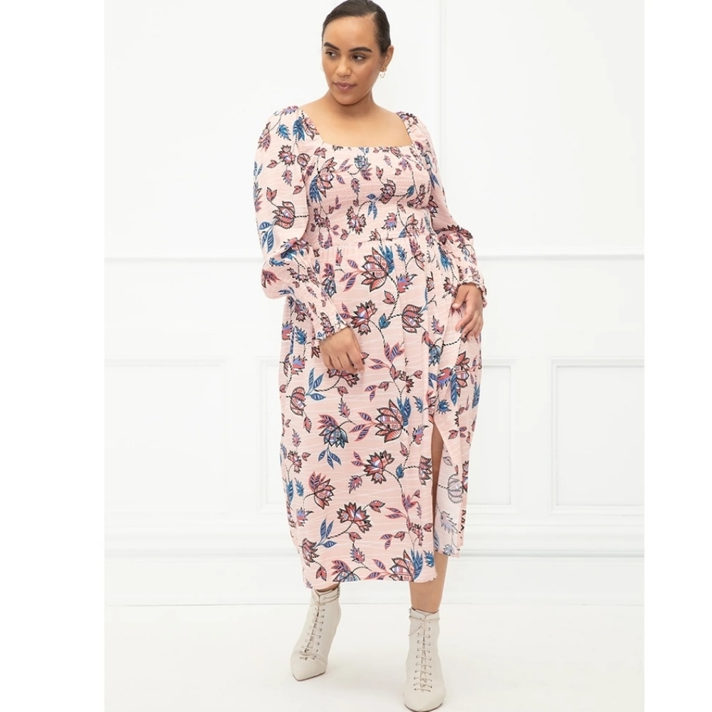 Eloquii Pink Floral Smocked‎ Midi Dress
